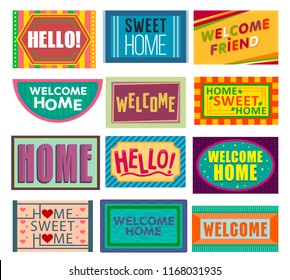 Home mat vector welcome doormat in front of house entrance and doorway matting rug for visitors illustration household set of homecoming welcomed enter decoration isolated on white background