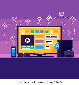 Home Media Center. Smartphone, Smart TV, game console, gamepad. Vector flat illustration.