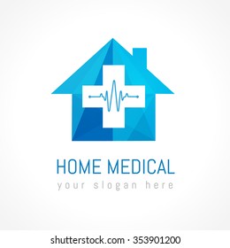Home medical logotype concept. Stained-glass paper blue color house, cross, pulse trace. Pharmaceutical centre creative scheme. Health care heartbeat shape elements. Isolated graphic design template.