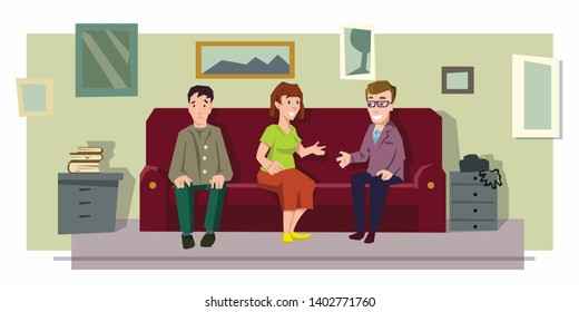 Home meeting. Vector isolated graphic design illustration art. group of people male and female. Team work, talk, comunication,conversation, rest, brake time. Room, sofa, picture. Cartoon, comic, flat.