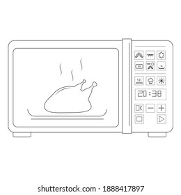 Icono del vector de contorno del horno de microondas casero para diseño web aislado en fondo blanco. Icono de casa de un horno microondas con un pollo dentro