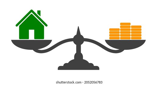 Home and money coins stack on scale icon. Property investment and house mortgage financial real estate concept - stock vector