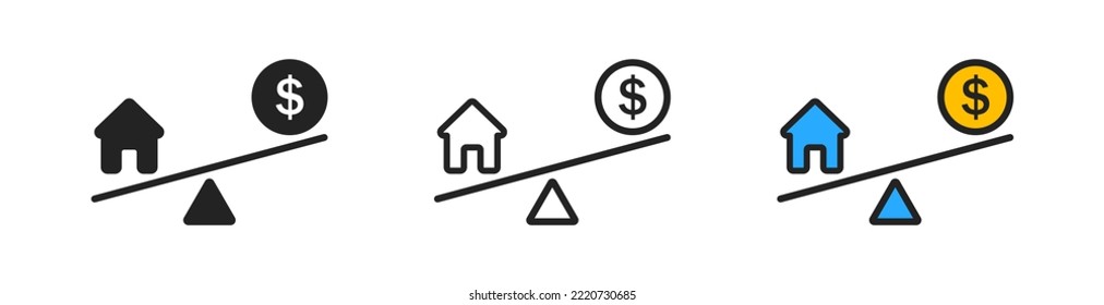 Home and money icon on white background. Imbalance between family and business. Choice between home and work symbol. Coin, dollar, house signs. Balance of life. Flat design. Vector illustration. 