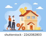 Home mortgage concept. Transactions for sale and purchase of real estate. Building with big red percentages. Family budget and savings. Couple pay credit to bank. Cartoon flat vector illustration