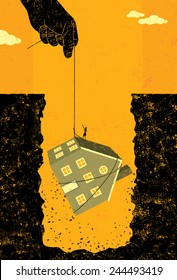 Home mortgage debt bailout A large hand offering financial assistance by lifting a woman and her house out of the huge hole of debt created by the housing crisis.
