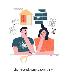 Home mortgage loan or apartment rental concept. Investments in real estate. Young family, man and woman choosing home together. Flat vector cartoon illustration with character isolated on white