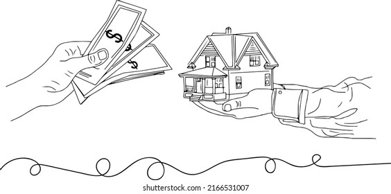 Home Mortgage Loan, House Loan Vector, Sketch Drawing Of Hand Holding Money House Model And Money, Silhouette Of Real Estate Vector