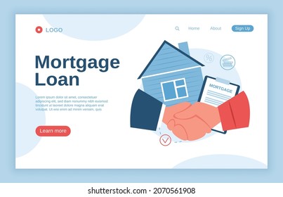 Home mortgage loan, property ownership concept landing page. House loan agreement, real estate investment, bank credit vector web template. Buyer accepting offer, shaking hands with realtor