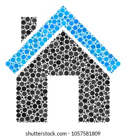 Home mosaic of circle dots in different sizes and color tinges. Circle dots are composed into home vector collage. Vector illustration.