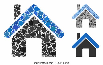 Home mosaic of humpy parts in different sizes and color tones, based on home icon. Vector inequal parts are organized into collage. Home icons collage with dotted pattern.