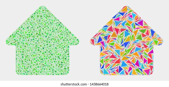 Home mosaic icon of triangle elements which have variable sizes and shapes and colors. Geometric abstract vector illustration of home.