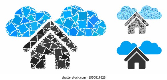 Home mosaic of raggy elements in variable sizes and color tones, based on home icon. Vector trembly elements are combined into illustration. Home icons collage with dotted pattern.