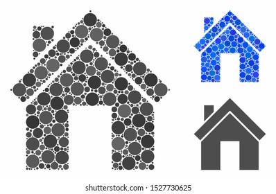 Home mosaic of round dots in variable sizes and color tones, based on home icon. Vector round elements are grouped into blue mosaic. Dotted home icon in usual and blue versions.