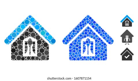 Home mosaic of round dots in variable sizes and shades, based on home icon. Vector round dots are grouped into blue illustration. Dotted home icon in usual and blue versions.