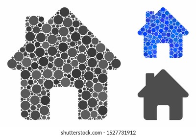 Home mosaic of small circles in variable sizes and color tints, based on home icon. Vector random circles are grouped into blue mosaic. Dotted home icon in usual and blue versions.