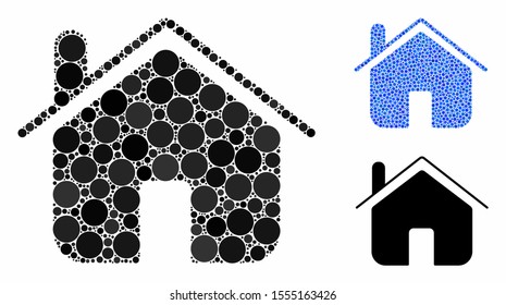 Home mosaic of small circles in various sizes and color tints, based on home icon. Vector small circles are grouped into blue illustration. Dotted home icon in usual and blue versions.