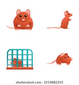 Home mouse icons set cartoon vector. Small mouse in cage. Cartoon character