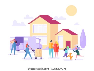 Home Move with Removal Porter Help. Happy Family Moving to new Home using Courier Service. Transportation Heavy Cargo. Flat Cartoon Vector Illustration