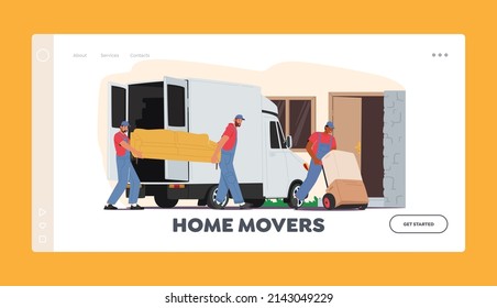 Home Movers Landing Page Template. Relocation or Moving into New House. Worker Characters Push Trolley with Cardboard Boxes and Carry Sofa, Delivery Company Loader Service. Cartoon Vector Illustration