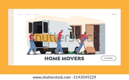 Home Movers Landing Page Template. Relocation or Moving into New House. Worker Characters Push Trolley with Cardboard Boxes and Carry Sofa, Delivery Company Loader Service. Cartoon Vector Illustration
