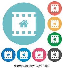 Home movie flat white icons on round color backgrounds