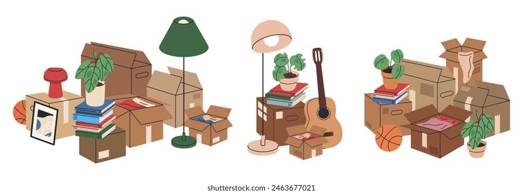 Home moving boxes. Cardboard boxes with moving stuff, stacked cargo moving boxes with clothes, pot plants and books flat vector illustration set. Carton moving boxes