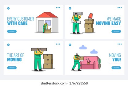 Home moving company landing page for website. Delivery service web banner with workers in uniform carrying home stuff packed in boxes. Express relocation company. Flat vector illustration