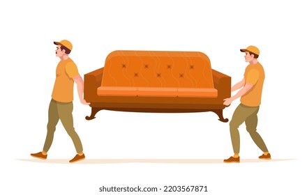 Home moving concept. Loaders, movers carrying a sofa. Service. Ad, banner. Flat vector illustration.