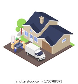 Home moving concept. Movers unloading a truck packed with corton boxes with various household items. Vector isometric illustration on a white background.