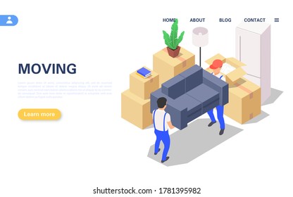 Home moving concept. A set of packed boxes with various household items and two movers carrying a sofa. Vector isometric illustration on a white background.