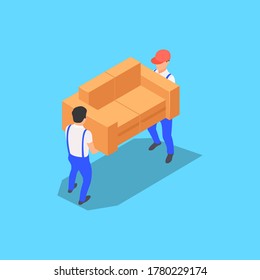 Home moving concept. Two movers carry a sofa. Vector isometric illustration on a blue background.