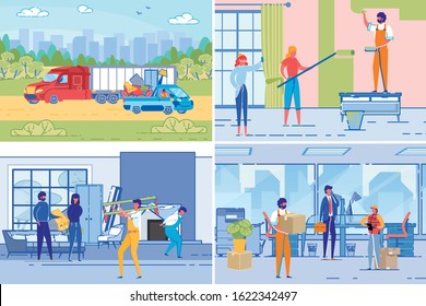 Home moving, Furniture Transportation and House Repairing Services. Men and Women Cartoon Characters Painting and Loading Cardboard Boxes on Interior Background. Vector Flat Illustrations Set.