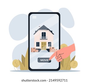 Mobile App-Konzept für den Heimbereich Die Hand des Kunden drückt auf dem Bildschirm des Smartphones und ruft die Mitarbeiter an, um beim Umzug in das Haus oder die Wohnung zu helfen. Verschieben Sie Felder mit Objekten. Cartoon-Flavektor-Vektorgrafik