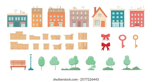 Home moving to the new house set. Vector illustration for design template real estate agency to buy, sale new apartment, insurance or construction company, investment project architecture building EPS