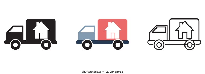 Home Moving and Relocation Icon . Flat and outline  vector icons illustrating house moving, home relocation, and logistics services .
