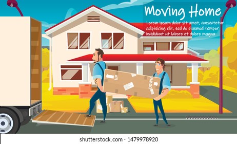 Home Moving, Relocation Service Cartoon Vector Ad Banner or Poster Template with Two Workers in Uniform, Carrying Stuff from House, Loading Packages and Cardboard Boxes in to Cargo Truck Illustration