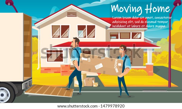 Home Moving, Relocation Service Cartoon\
Vector Ad Banner or Poster Template with Two Workers in Uniform,\
Carrying Stuff from House, Loading Packages and Cardboard Boxes in\
to Cargo Truck\
Illustration