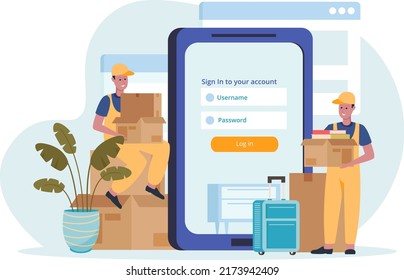 Home moving and relocation set. Delivery truck, workers, loaders, movers carrying cardboard boxes, suitcases, assembling furniture. Moving and delivery company services. Vector illustration