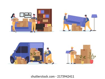 Home moving and relocation set. Delivery truck, workers, loaders, movers carrying cardboard boxes, suitcases, assembling furniture. Moving and delivery company services. Vector illustration