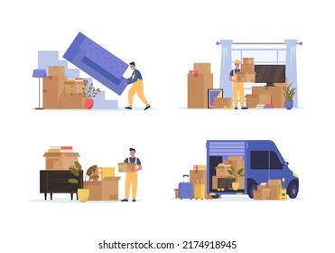 Home moving and relocation set. Delivery truck, workers, loaders, movers carrying cardboard boxes, suitcases, assembling furniture. Moving and delivery company services. Vector illustration