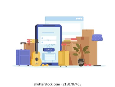 Home moving and relocation set. Website, tablet, suitcases, loaders, cardboard boxes, plants, assembling furniture. Moving and delivery company services. Vector illustration