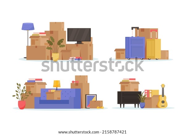 Home\
moving and relocation set. Website, tablet, suitcases, loaders,\
cardboard boxes, sofa, tv, plants, assembling furniture. Moving and\
delivery company services. Vector\
illustration