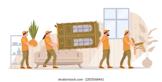 Home moving service.  Loaders, movers carrying furniture. Moving to the new flat, apartment. Ad, banner. Flat vector illustration.