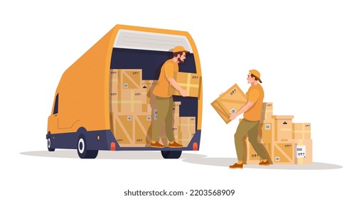 Home moving service.  Loaders, movers loading boxes in the van. Moving to the new flat, apartment. Service. Ad, banner. Flat vector illustration.