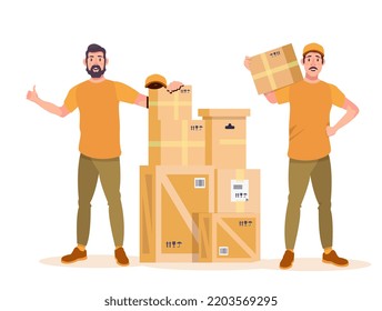 Home moving service.  Loaders, movers standing with boxes. Relocation service. Moving to the new flat, apartment. Ad, banner. Flat vector illustration.