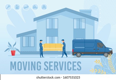 Home Moving Services Advertising Webpage Banner Layout, Cartoon Male Loaders Team Carrying Couch. Man in Uniform Unloading Furniture from Minivan. Delivery and Logistic. Vector Flat Illustration