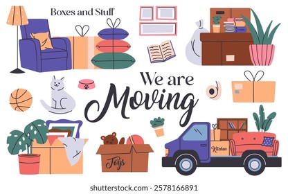 Home moving set with cardboard boxes, different stuff and furniture, transportation lorry truck vehicle with personal belongings. Professional service to help people in relocation vector illustration