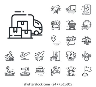 Home moving sign. Plane, supply chain and place location outline icons. Delivery truck line icon. Things transportation symbol. Delivery truck line sign. Taxi transport, rent a bike icon. Vector