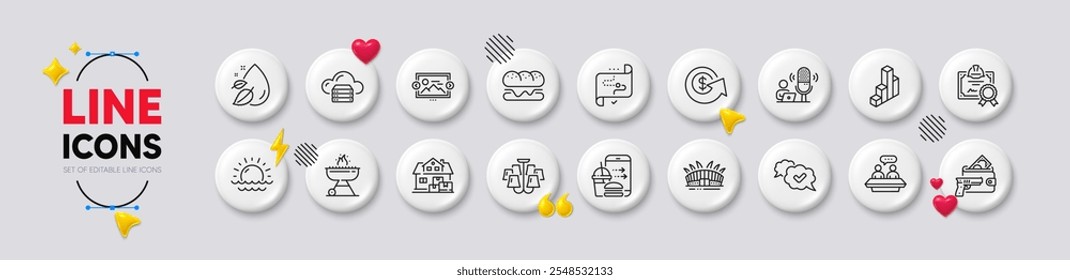 Iconos de línea de movimiento en casa, puesta de sol y hamburguesa. Iconos 3d de Botones blancos. Paquete de Podcast, certificado, icono de robo a mano armada. Aprobado, ruta de destino, pictograma de pedido de alimentos. Vector