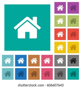 Home multi colored flat icons on plain square backgrounds. Included white and darker icon variations for hover or active effects.